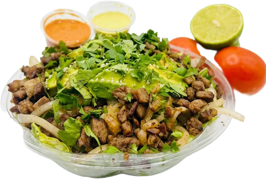 Brisket salad bowl loaded with chopped brisket, avocado, cilantro, lettuce, onions and salsas